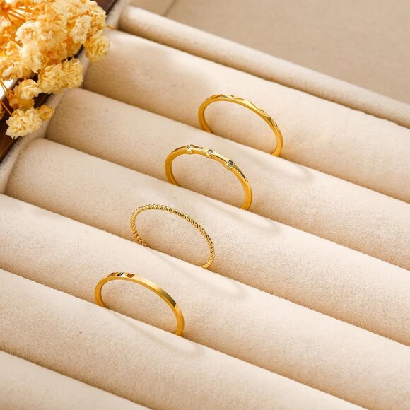 4PC S925 Sterling Silver Rings for Women, 14k Gold Filled Plated Stackable Thin - Picture 5 of 7